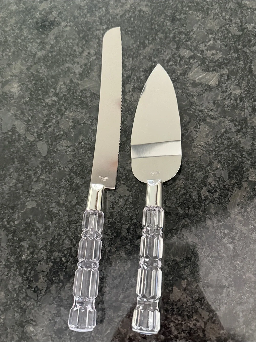 Vintage Clear Lucite Handle Stainless Steel Bread & Serving Knife Set